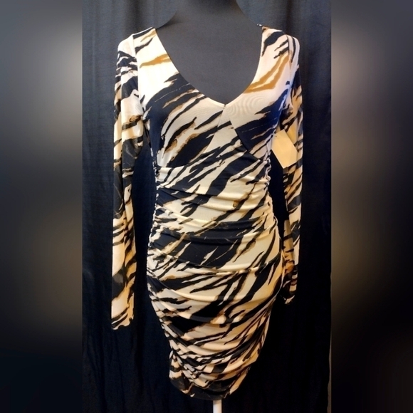 BLACK & Tan Zebra Stripe Scrunch Dress - Picture 1 of 6